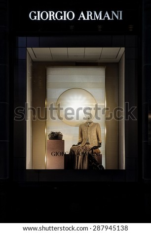 SYDNEY, AUSTRALIA, MAY 26, 2015;  Retail shop window display of female clothing and accessories and visual merchandising of Giorgio Armani, Sydney