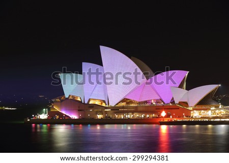 SYDNEY, AUSTRALIA - MAY 26, 2015;  Sydney Opera House illuminated for Vivid Sydney annual festival event put on each year by NSW Government and Destination NSW