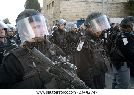 Jerusalem - JANUARY 02: Police at the demonstration against war in Gaza strip on January 02, 2009 at Old City, Jerusalem, Israel