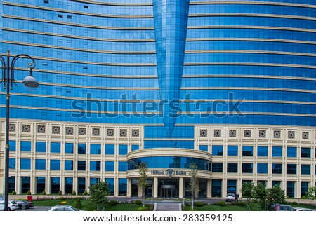 BAKU, AZERBAIJAN - May 10 2015: View of Hilton Hotel in Baku on May 10 2015. Baku will host the 2015 European Games.