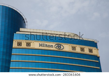 BAKU, AZERBAIJAN - May 10 2015: View of Hilton Hotel in Baku on May 10 2015. Baku will host the 2015 European Games.