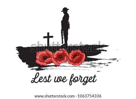 Anzac Day Banner, Silhouette of soldier paying tribute, Vector Foto stock © 