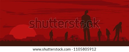 Halloween banner, Silhouette of zombies walking at graveyard, Vector Illustration