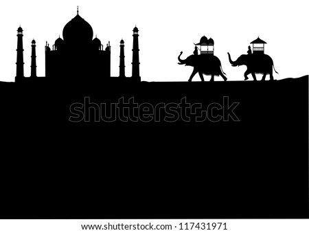 Taj Mahal & decorated elephants at sunset