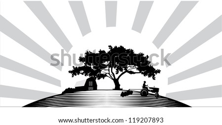 Silhouette of farmer driving tractor harrowing field at sunset with oak tree and barn background