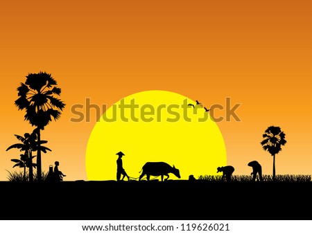 Silhouette of Asian farmer harrowing rice field, Vector