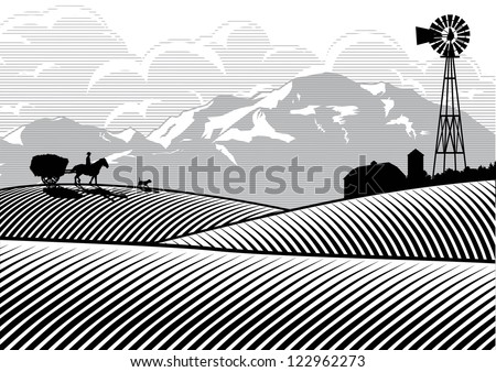 Silhouette of farmer riding a horse cart with mountains and cloud background, Vector