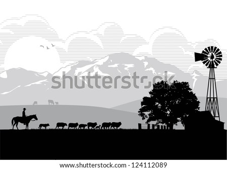 Silhouette of a man riding horse in sheep farm, vector