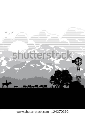 Illustration of farmer with sheep in the field, vector