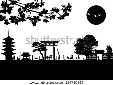 Illustration of traditional Japanese lifestyle silhouette, vector