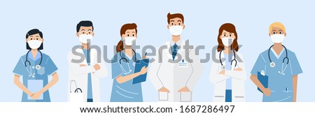 Frontline heroes, Illustration of doctors and nurses characters wearing masks. Vector 商業照片 © 