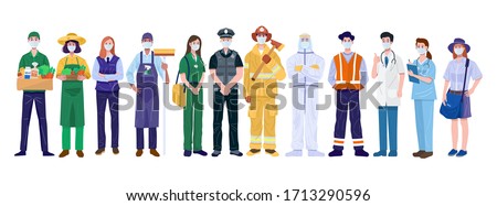 Thank You Essential Workers Concept. Various occupations people wearing face masks. Vector Stock foto © 