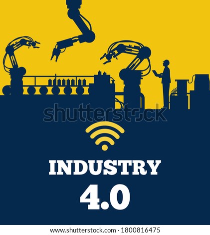 Industry 4.0 concept, Silhouette of automated production line with worker. Vector