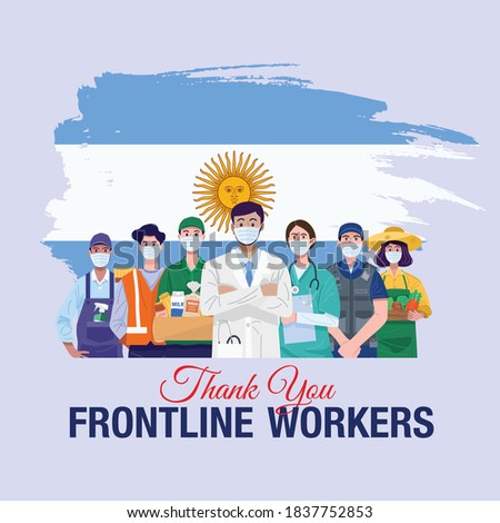 Thank you frontline workers. Various occupations people standing with flag of Argentina. Vector