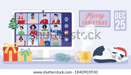 People meeting online via video conference on a computer on Christmas holiday. Vector