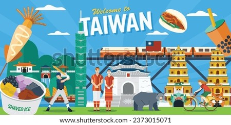 Illustration of Taiwan travel banner with people and famous attractions such as Taipei 101 skyscraper,  Taroko National Park, and the Chiang Kai-shek Memorial Hall