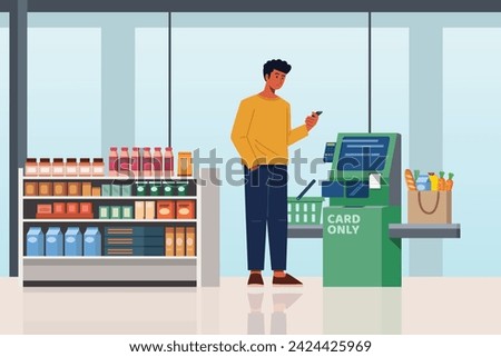 Flat-style illustration: A man pays his grocery at a self-service checkout kiosk using a smartphone. 