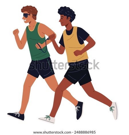 Illustration of a blind runner and a running guide. The guide is helping the runner by holding a tether that connects the two, ensuring they stay together and run in sync.