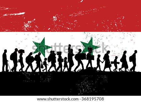 Silhouette of refugees people walking with flag of Syria as a background