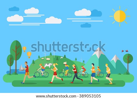 Flat design, Illustration of people jogging and biking in countryside