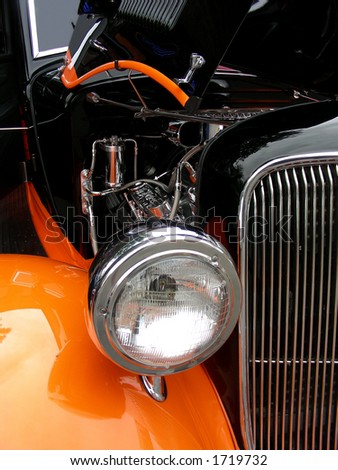 1934 antique car, head lamp, grill and engine