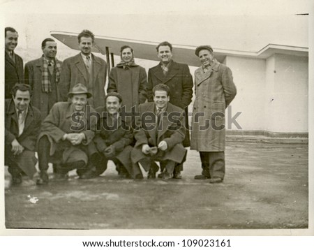 PLOVDIV, BULGARIA, CIRCA 1960 - group of workers (men and one woman) - circa 1960