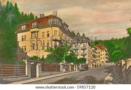 carlsbad-s street. karlovy vary, czechoslovakia - about 1935, hand colored picture, original