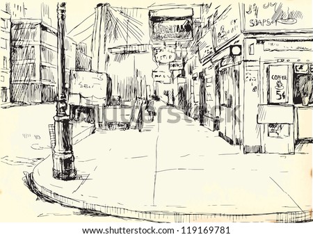 Lonely American Street. Description: Editable in two layers. Number of colors in each layer: no more than sixteen. White color is excluded. Vintage paper (background) in the bottom layer.