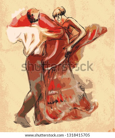 Spanish dancers. An hand drawn vector illustration, freehand sketching. Engraving.