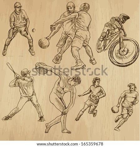 Sporting events around the World (part 5). Collection of hand drawn illustrations (originals, no tracing). Description: Each drawing comprise of two layers of outlines, colored background is isolated.