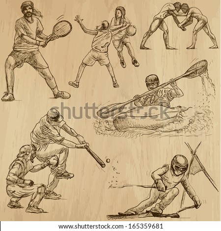 Sporting events around the World (part 6). Collection of hand drawn illustrations (originals, no tracing). Description: Each drawing comprise of two layers of outlines, colored background is isolated.