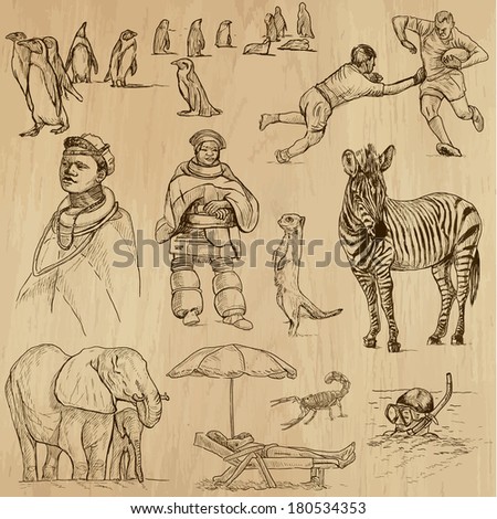 Travel : Republic Of SOUTH AFRICA set no.1. Collection of hand drawn illustrations. Each drawing comprises two or three layers of outlines, the colored background is isolated.