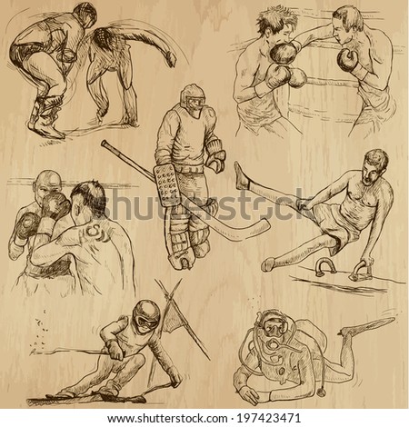 Sports around the World (vector pack no.14). Collection of an hand drawn illustrations (originals). Each drawing comprises of two layers of outlines, the colored background is isolated. 