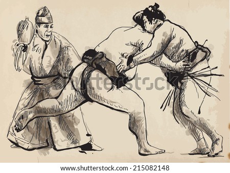 An hand drawn (converted) vector from series Martial Arts: SUMO. Sumo is a competitive full-contact wrestling sport originated in Japan, the only country where it is practiced professionally.