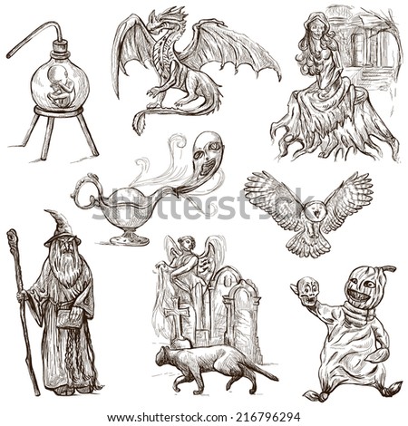 Halloween (Monsters, Magic and Fairy Tales) - Collection (no.3) of an hand drawn illustrations. Full sized hand drawn illustrations drawing on white.