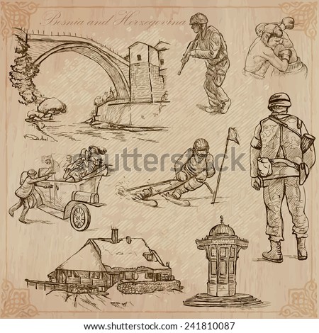 BOSNIA AND HERZEGOVINA (set no.1). Collection of an hand drawn vector illustrations. Each drawing comprise three layers of lines, the colored background is isolated.Easy editable in layers and groups.