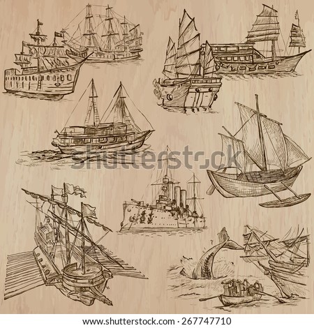 Boats and Ships around the World. Collection of an hand drawn vector illustrations (pack no.4). Each drawing comprises of three or four layers of lines, the colored background is isolated.