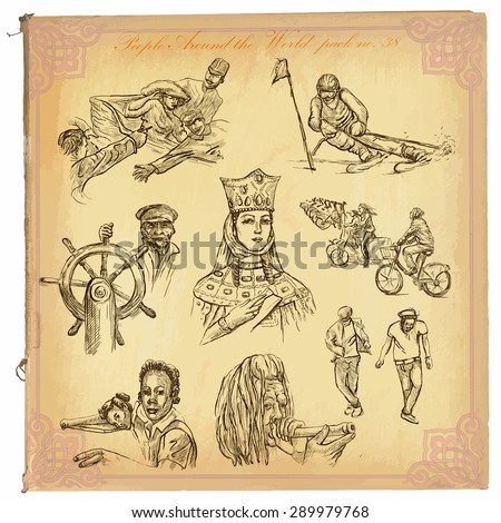 People, Natives around the World (no.38). Collection of an hand drawn vector illustrations (freehand sketching). Each drawing comprises a few layers of lines. Colored background is isolated. Editable.