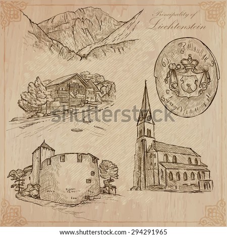 Travel, LIECHTENSTEIN. Collection of an hand drawn vector illustrations. Freehand sketching. Background and text are isolated. Easy Editable. This series with focus on: Architecture and mountains.