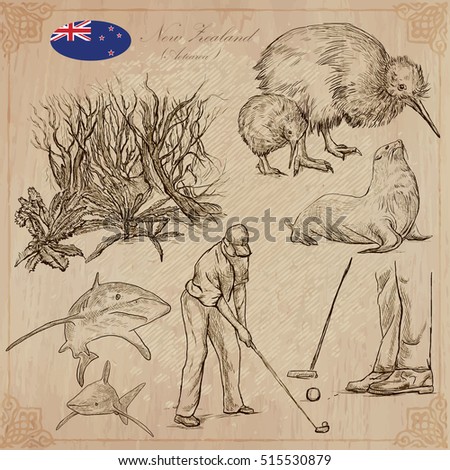 Travel NEW ZEALAND. Pictures of Life. Vector collection of an hand drawn illustrations. Pack of sketches. Set includes - Wild forest, bush, kiwi bird, seal, Sharks and Golf Player.