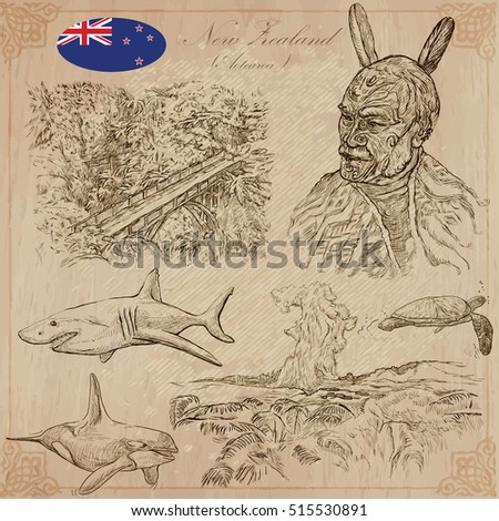 Travel NEW ZEALAND.Pictures of Life.Vector collection.Hand drawn illustrations.Pack of sketches.Set includes,Bridge in the forest,Nature,Maori people portrait,Sharks,Killer Whale,Turtle,Pohutu Geyser