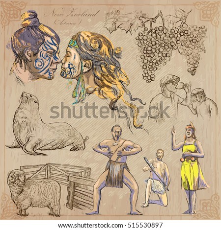 Travel NEW ZEALAND. Pictures of Life. Vector collection. Hand drawn illustrations. Pack of sketches. Set includes - Maori people kiss, grapes, Seal, Wine toast, Ram and Aboriginal dancers.