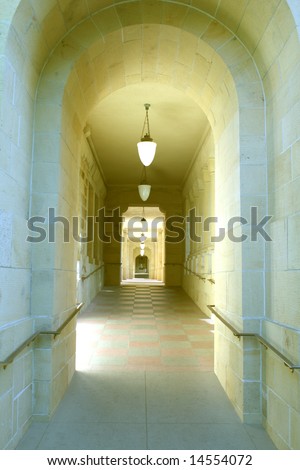 Stanford University thick stone walls of hallway