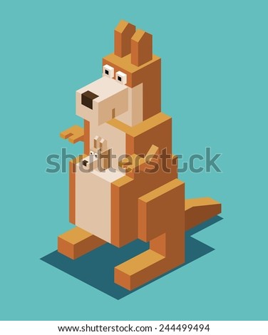 kangaroo with the kid. 3d pixelate isometric vector