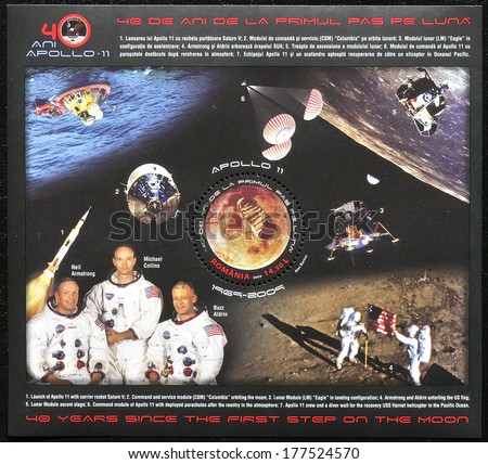 ROMANIA - CIRCA 2009: a stamp printed in Romania shows Crew of Apollo 11, Neil Armstrong, Buzz Aldrin and Michael Collins, Moon-landing, Apollo 11, circa 2009