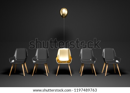 Row of black chairs with a gold chair and a balloon above it. Concept of choice and being unique. 3d rendering copy space Foto stock © 