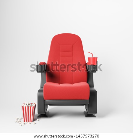 One red cinema chair with fizzy drink and box of popcorn over white background. Concept of entertainment. 3d rendering Imagine de stoc © 