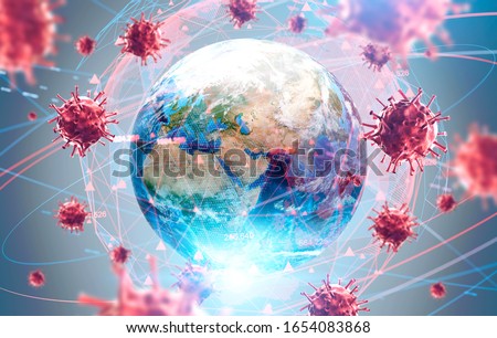 Coronavirus flu ncov over Earth background and its blurry hologram. Concept of cure search and global world. 3d rendering toned image. Elements of this image furnished by NASA