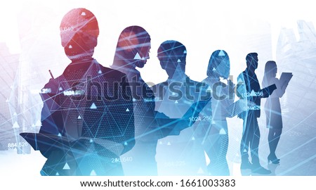 Network and internet communication concept. Silhouettes of business people in abstract city with double exposure of blurry network interface. Toned image