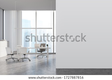 Interior of panoramic CEO office with white walls, concrete floor, white computer table with chairs for visitors and window with blurry cityscape. Mock up wall to the left. 3d rendering
